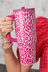 Rose Red Leopard Print Vacuum Tumbler with Handle Straw Insert