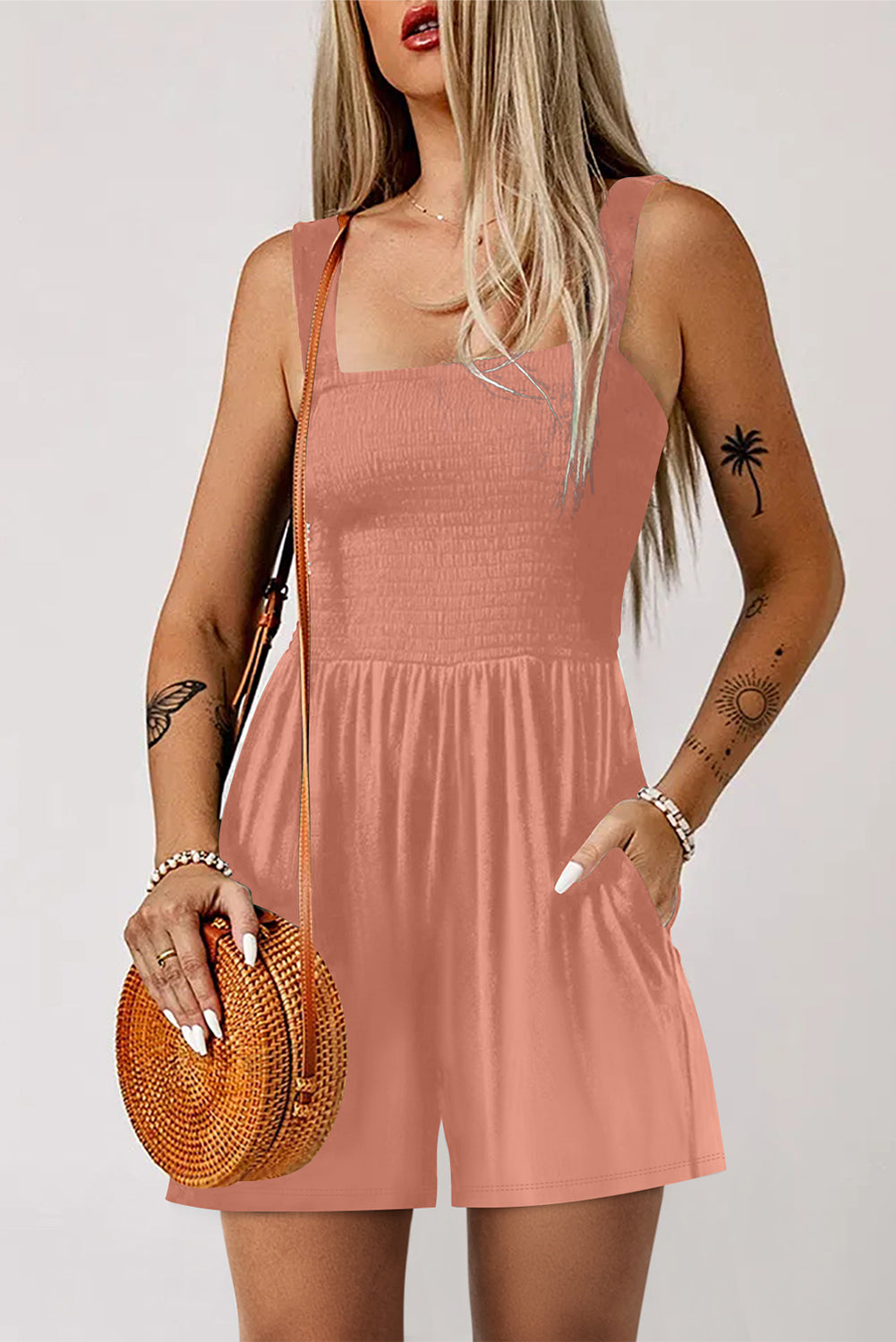 Apricot Pink Casual Pocketed Smocked Sleeveless Romper