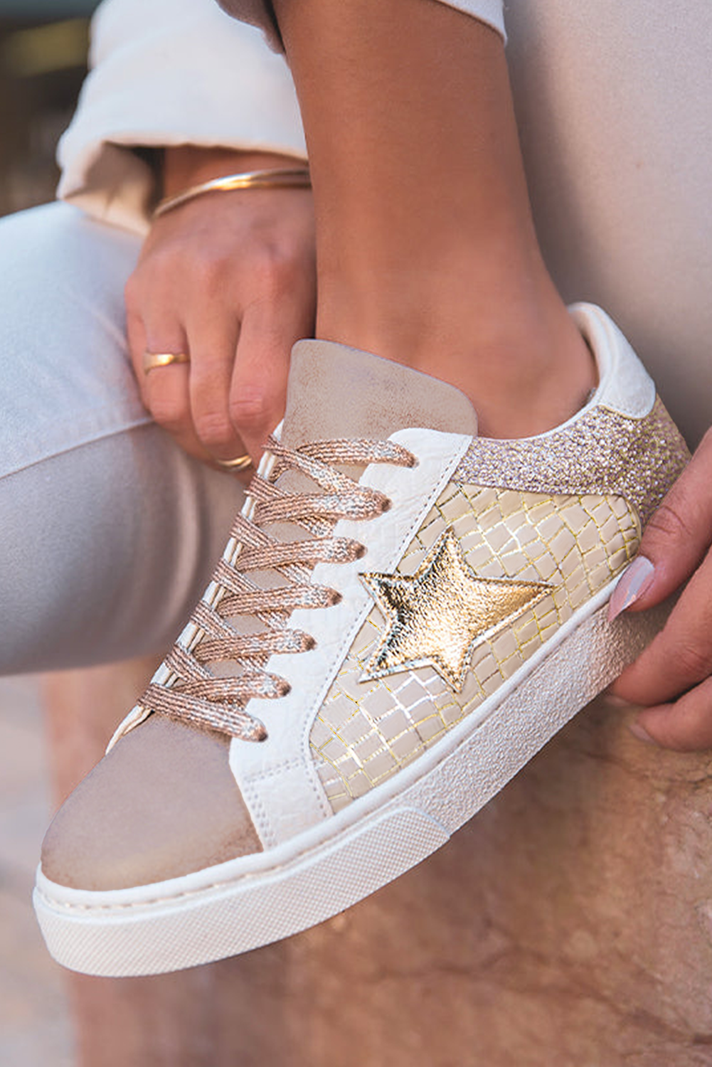 Dear Lover Gold Glitter Star Patchwork PU Leather Lace-up Sneakers
