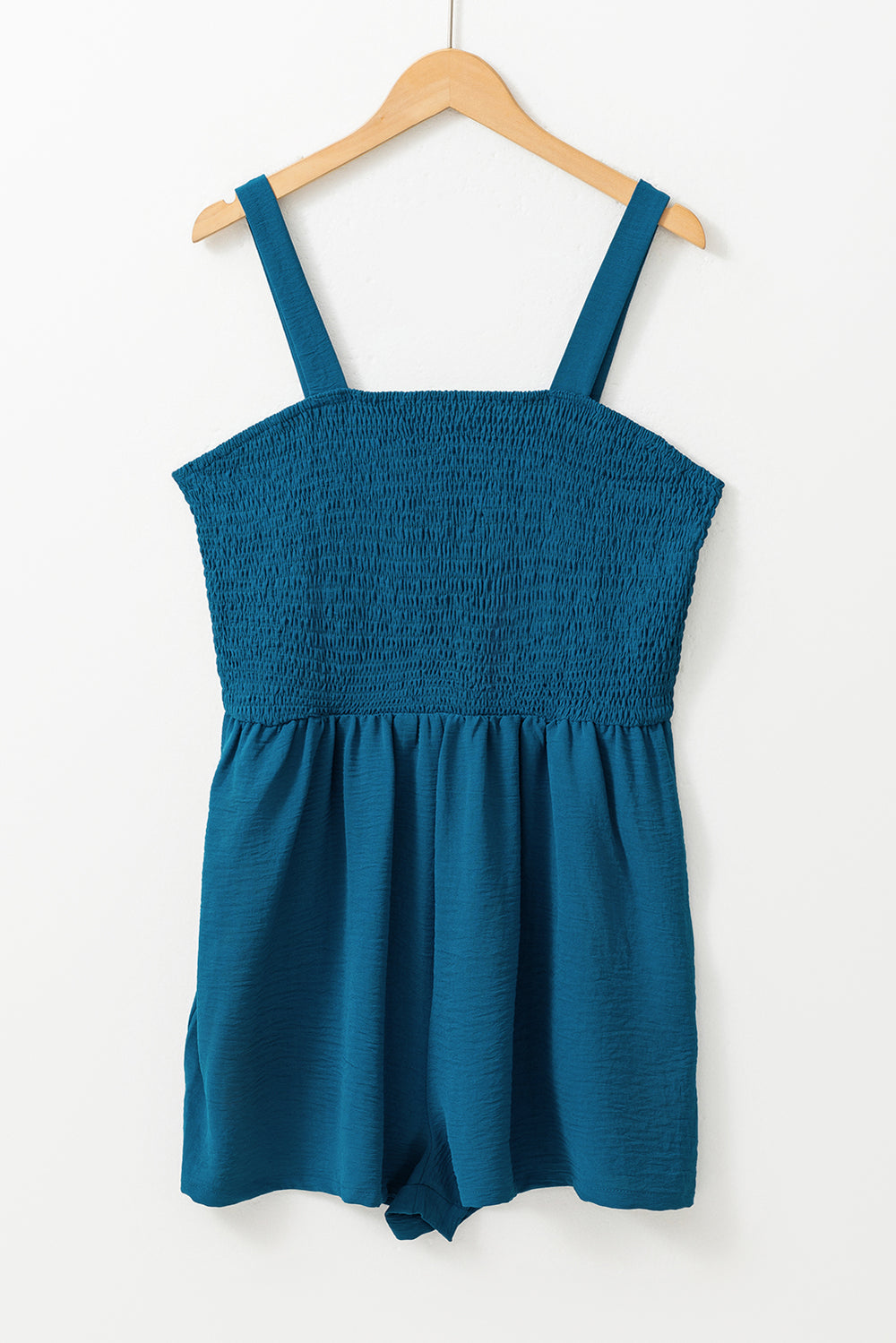 Blue Casual Pocketed Smocked Sleeveless Romper