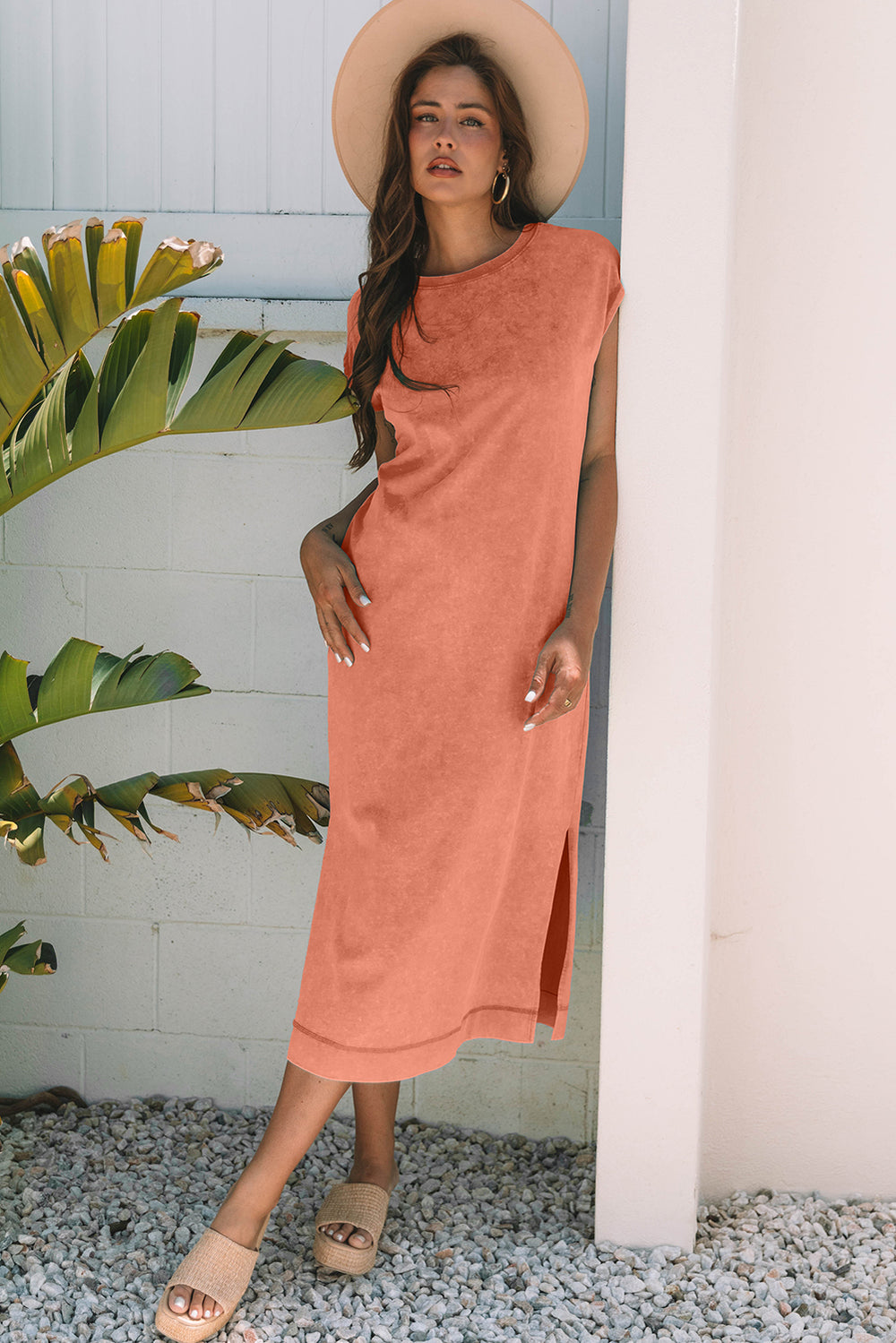 Carrot Mineral Wash Pocketed T-shirt Long Dress