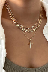 Gold Plated Cross Pendant Multi Layer Stacked Chains Necklace