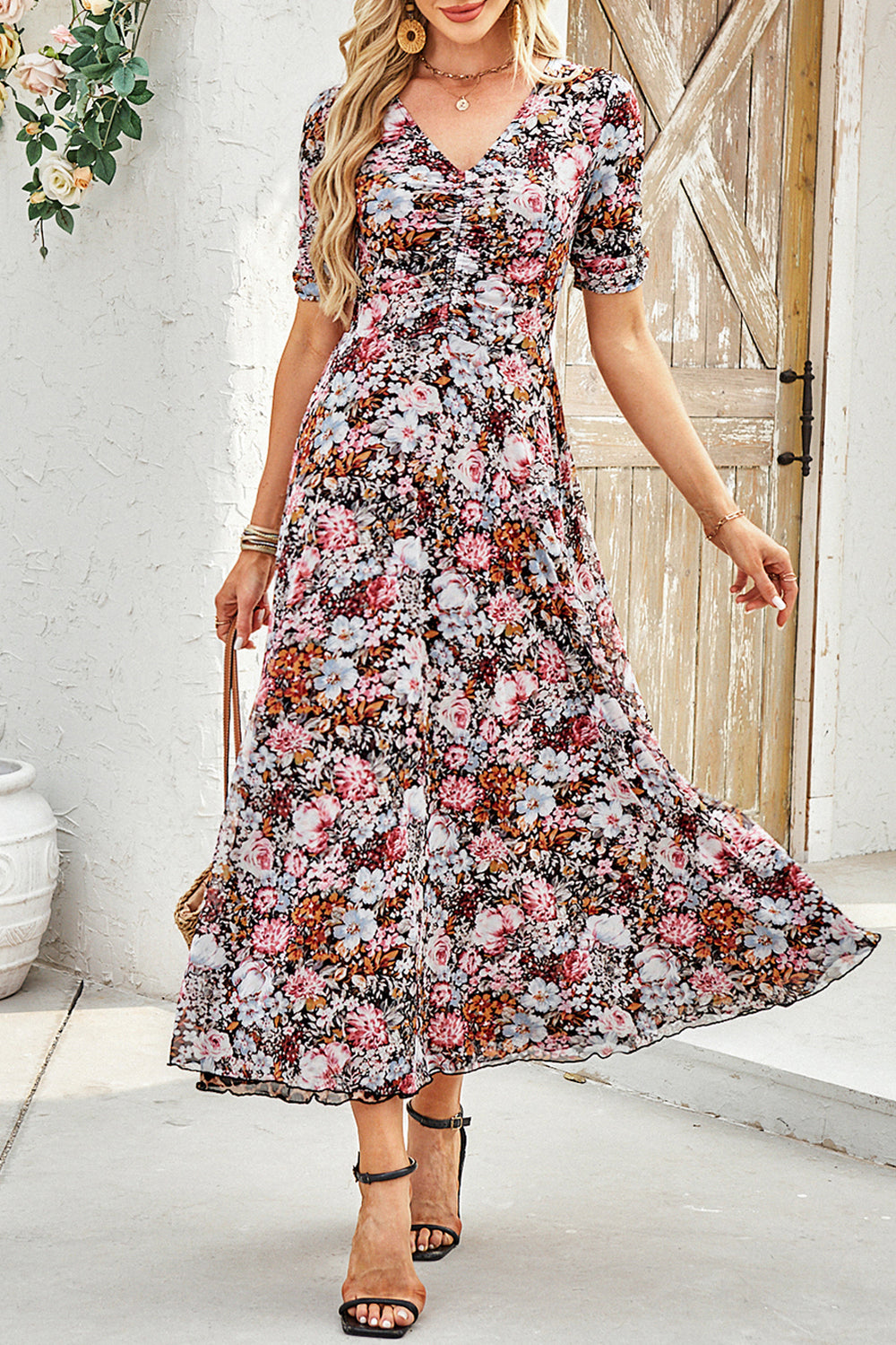 Brown Mesh Leopard Floral Reversible V Neck Short Sleeve Dress