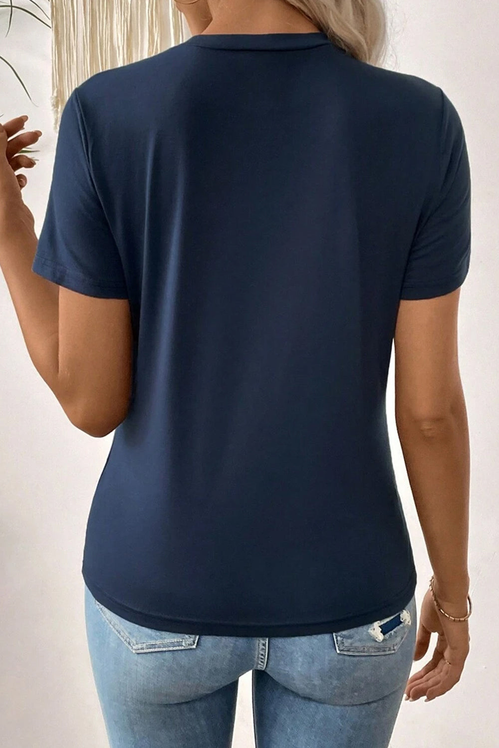 Dirty blue Solid Color Toothpick Stripe Round Neck T Shirt