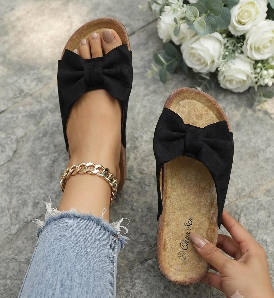 Black Bow Slide Sandals for Women – Flat Summer Sandals