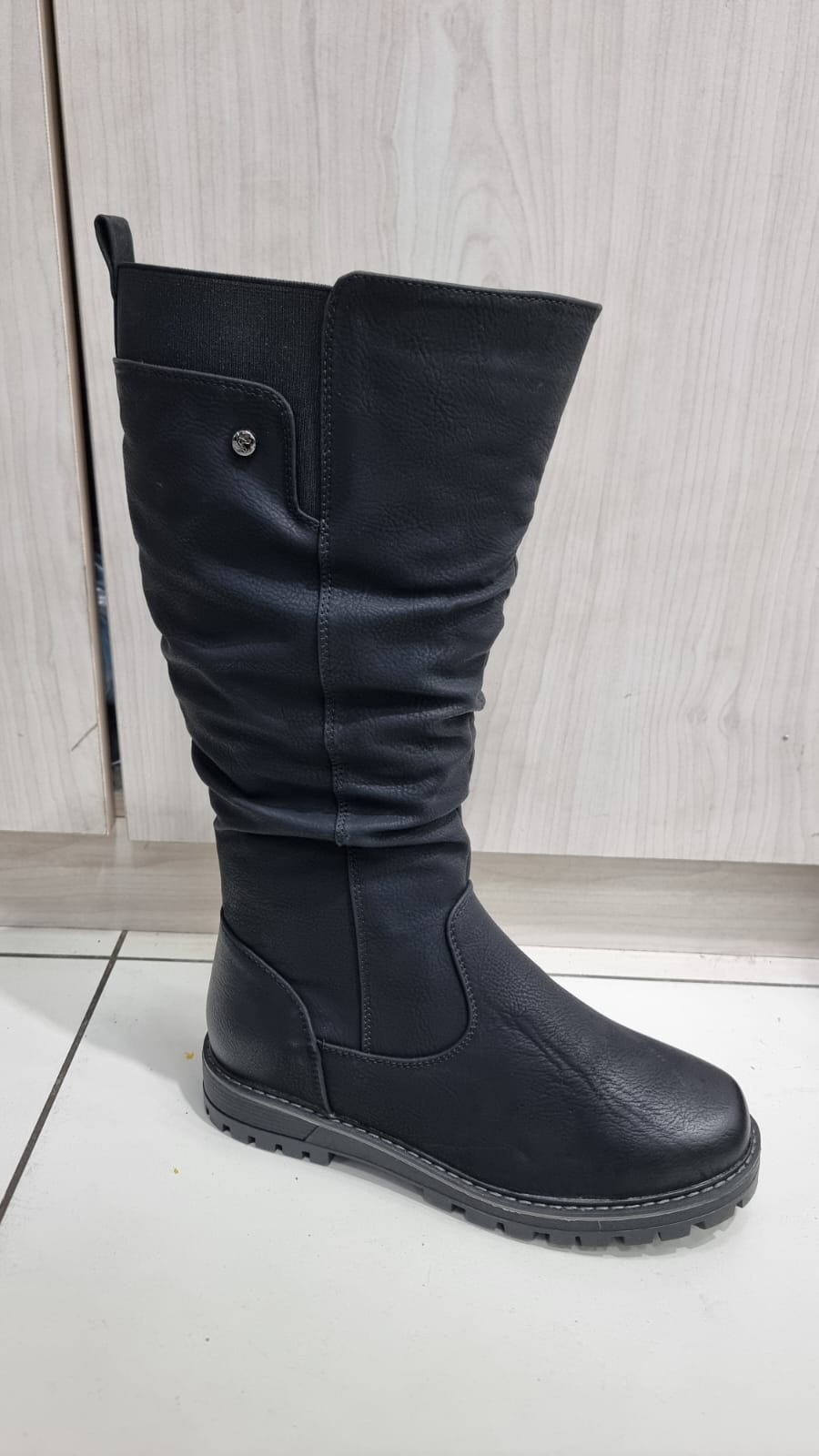 Black Comfort Stretch Knee Boots with flexible side panel and flat comfort sole