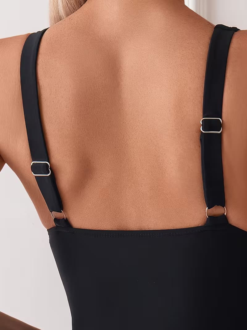 Black Deep V-Neck One Piece Swimsuit