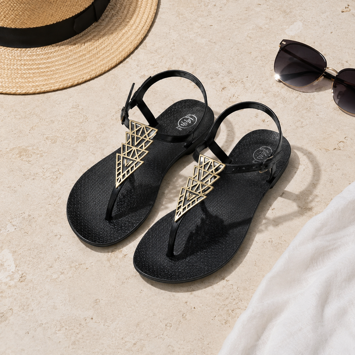 Geometric Gold Accent Jelly Sandals