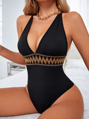 Black One-Piece Swimsuit with Embroidered Detail
