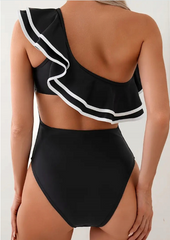 Black One Shoulder Frill One Piece Swimsuit