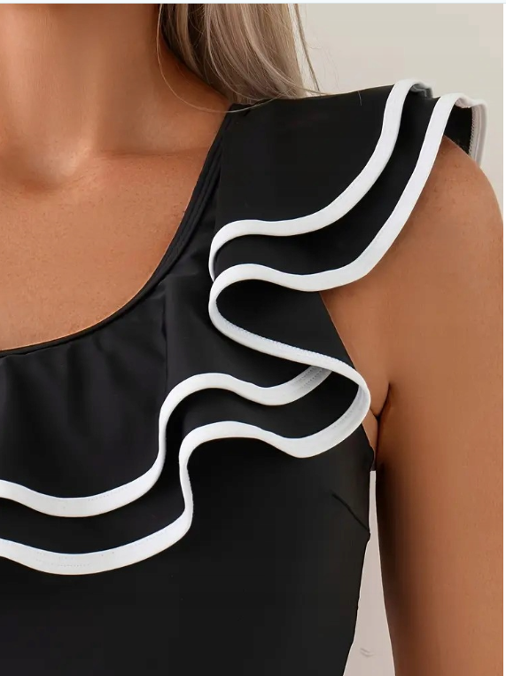 Black One Shoulder Frill One Piece Swimsuit