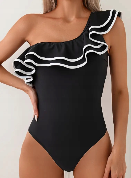 Black One Shoulder Frill One Piece Swimsuit