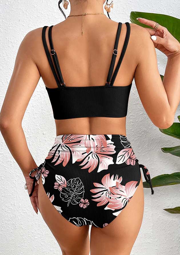 Black Ribbed Knit High Waist 2pcs Bikini Swimsuit