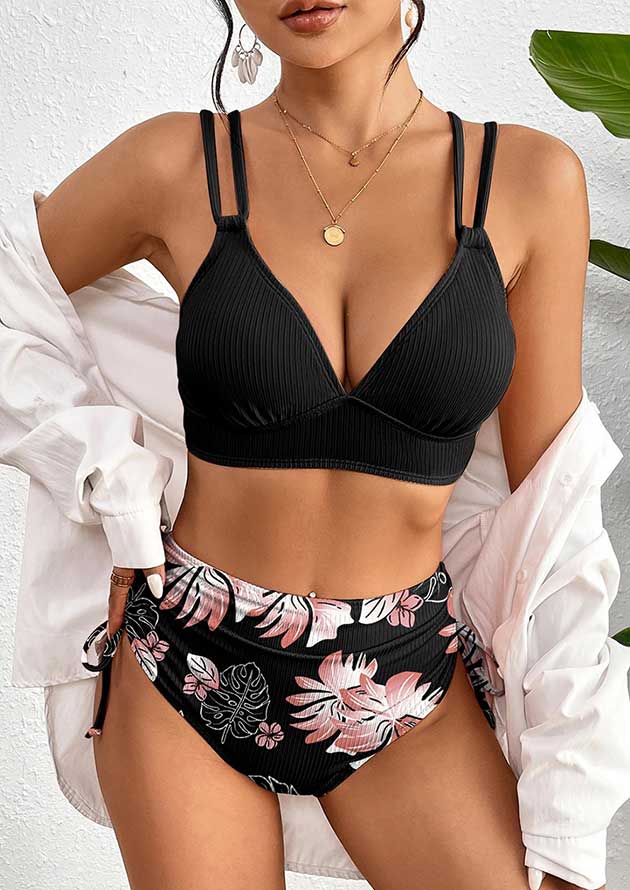 Black Ribbed Knit High Waist 2pcs Bikini Swimsuit