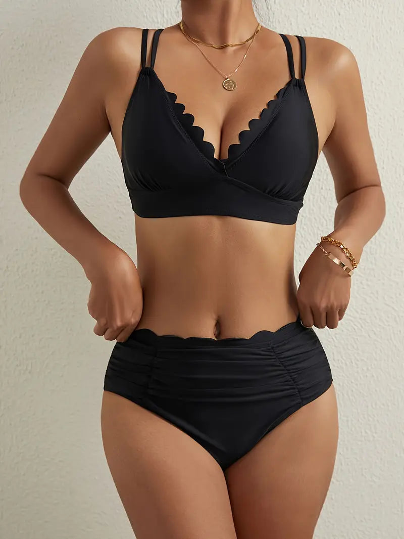 Black Scallop Trim High Waisted Bikini Set