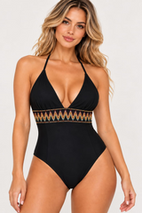 Black One-Piece Swimsuit with Embroidered Detail