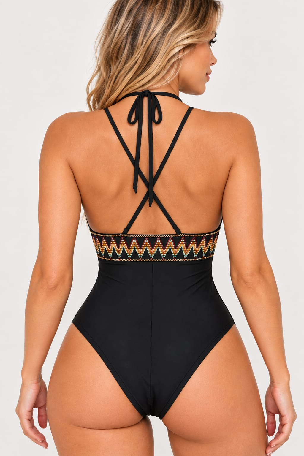 Black One-Piece Swimsuit with Embroidered Detail