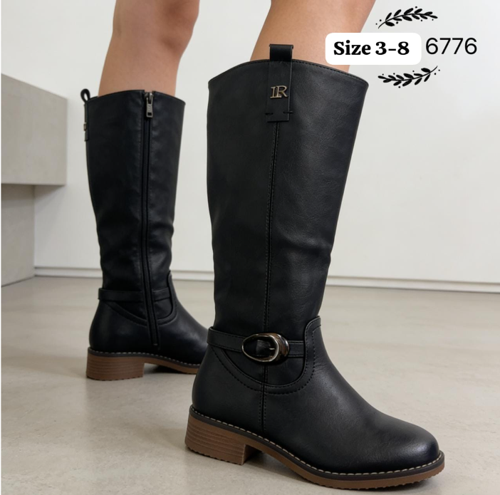 Women’s black wide fit knee high rider boots with buckle detail and low block heel