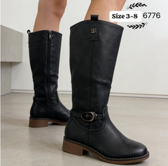 Women’s black wide fit knee high rider boots with buckle detail and low block heel