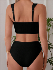 Black Textured High Waist Bikini Set
