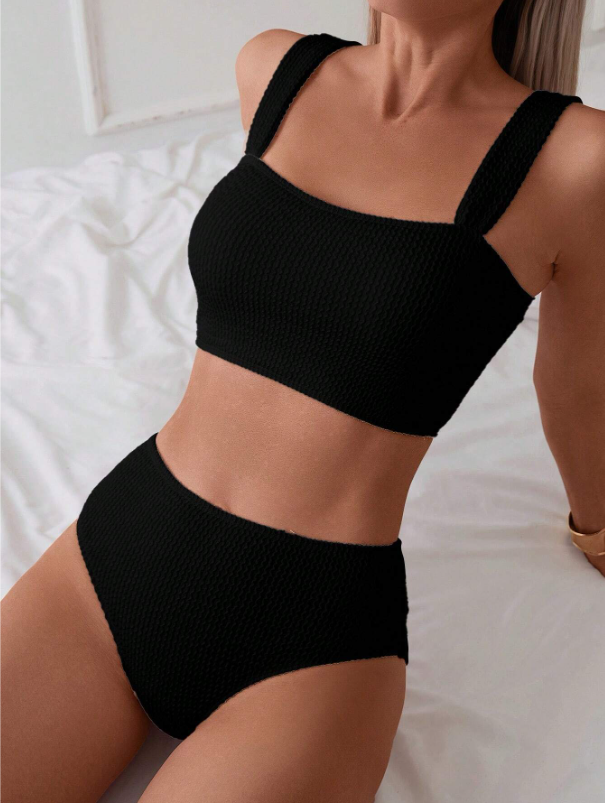 Black Textured High Waist Bikini Set