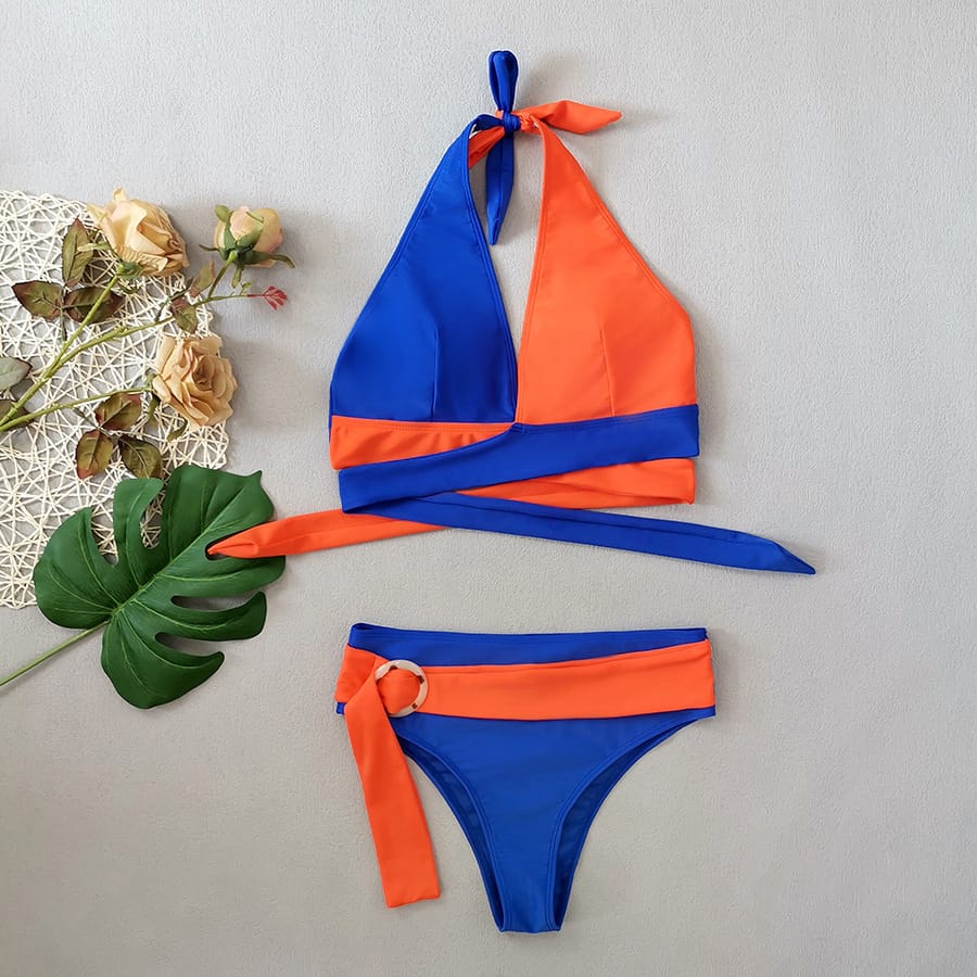 Colour Block Wrap Waist Bikini Set