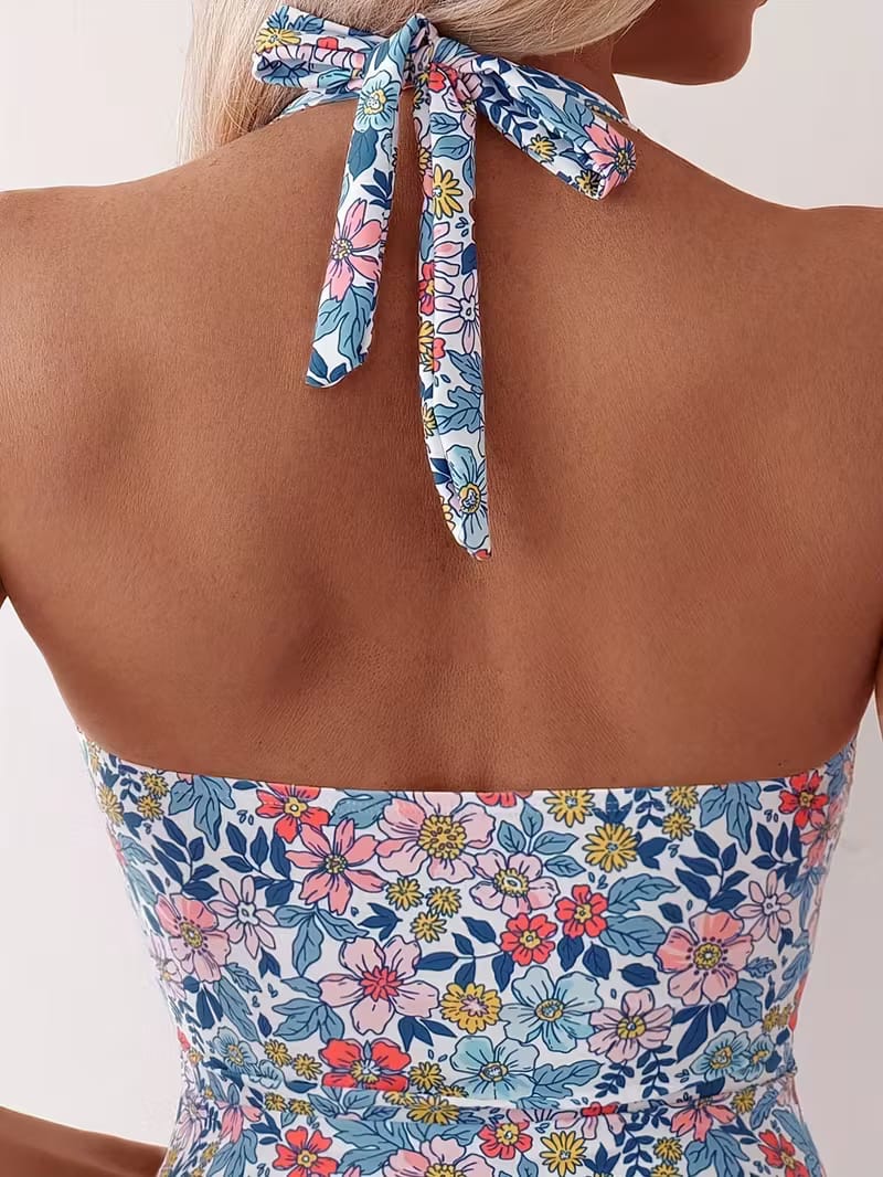 Blue Floral Tummy Control One Piece Swimsuit