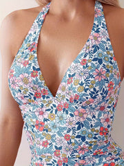 Blue Floral Tummy Control One Piece Swimsuit