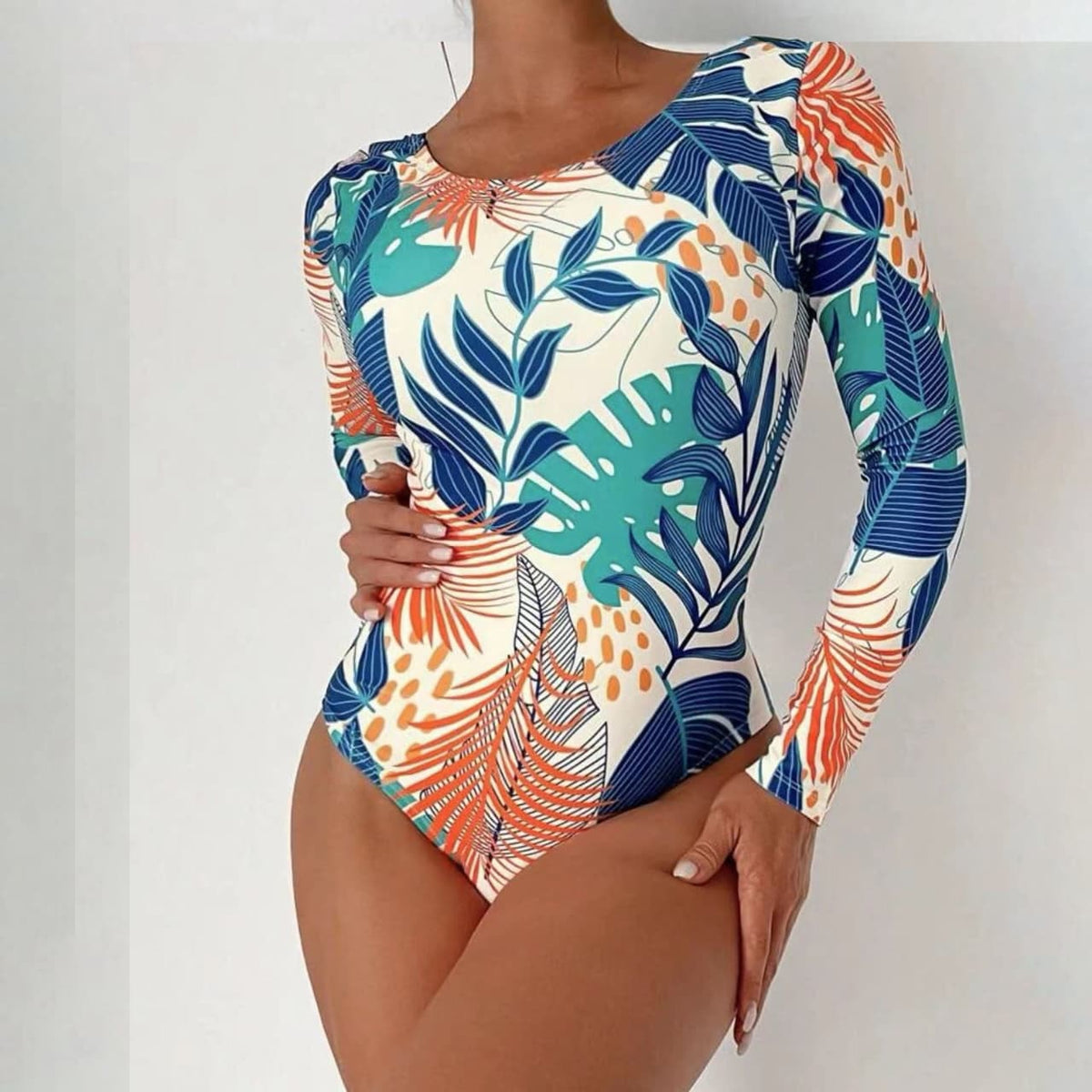 Blue Tropical Leaf Long Sleeve One Piece Swimsuit