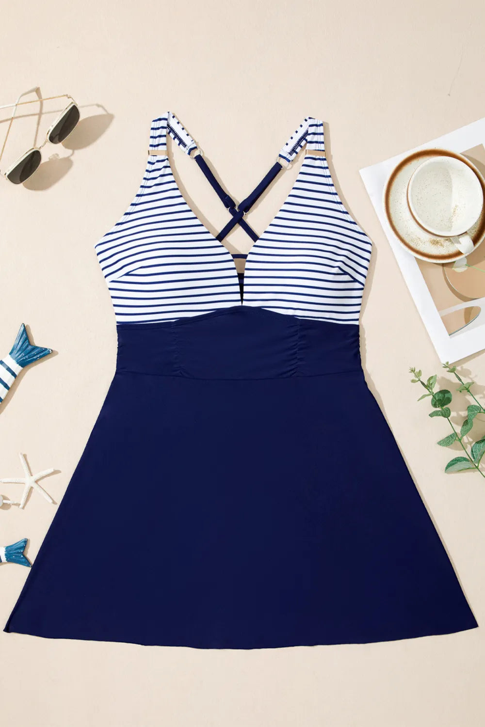 Blue Stripe Patchwork Crossed Straps One Piece Swim Dress