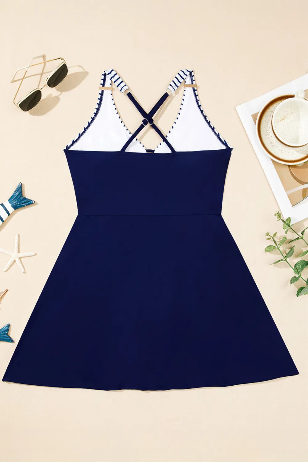 Blue Stripe Patchwork Crossed Straps One Piece Swim Dress