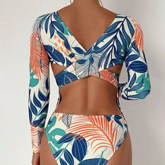 Blue Tropical Leaf Long Sleeve One Piece Swimsuit