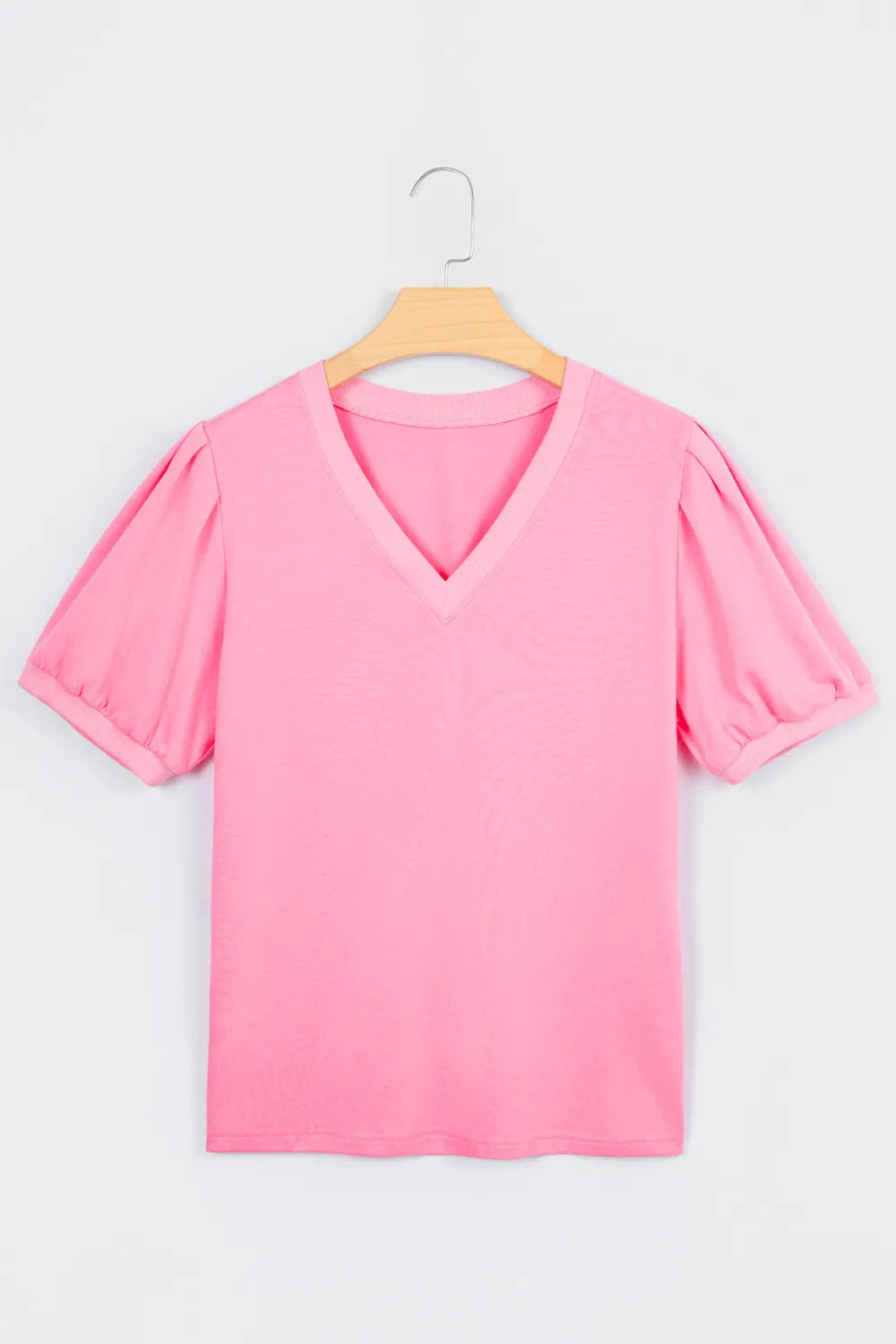 Bonbon Solid Color V-Neck Short Puff Sleeve Blouse