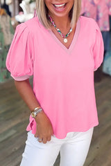 Bonbon Solid Color V-Neck Short Puff Sleeve Blouse