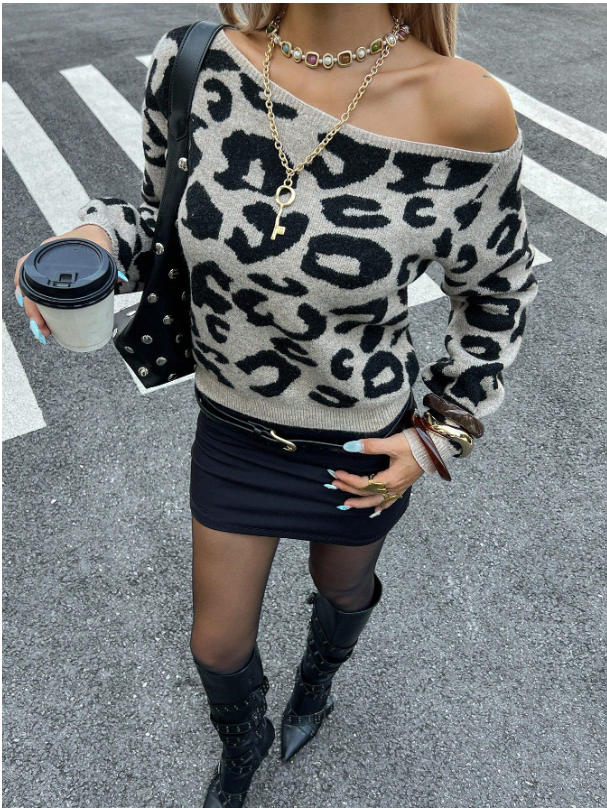 Brown Leopard Print Off-Shoulder Knit Sweater for Women