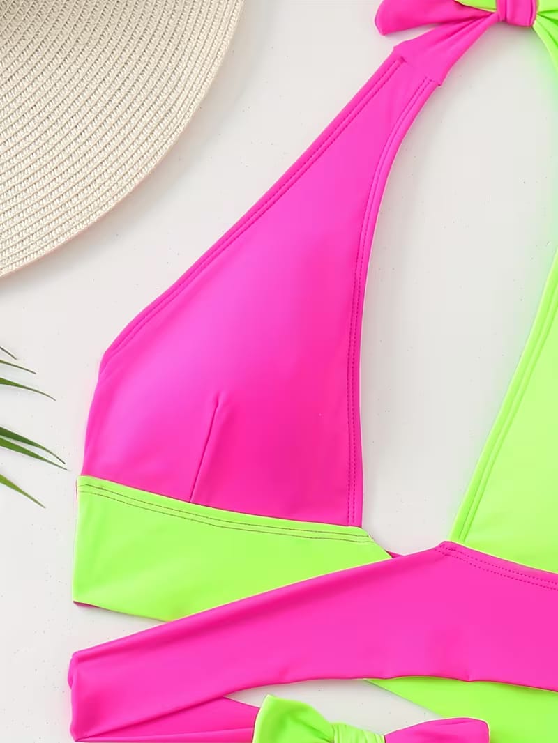 Colour Block Wrap Waist Bikini Set