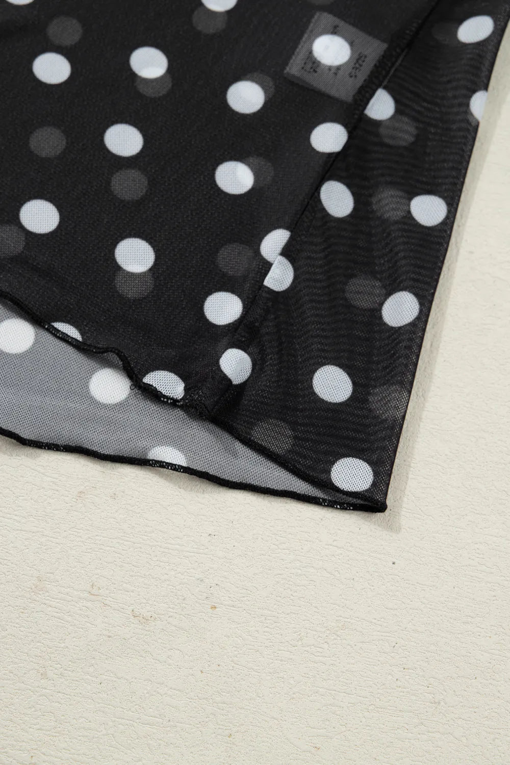 Black Polka Dot Patterned Bodycon Mock Neck Mesh Long Sleeve Top