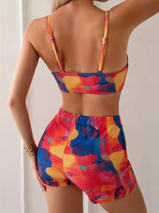 Colorful Abstract Print 2 Piece Swimsuit & Beach Shorts Set