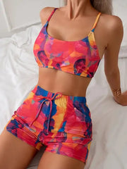Colorful Abstract Print 2 Piece Swimsuit & Beach Shorts Set