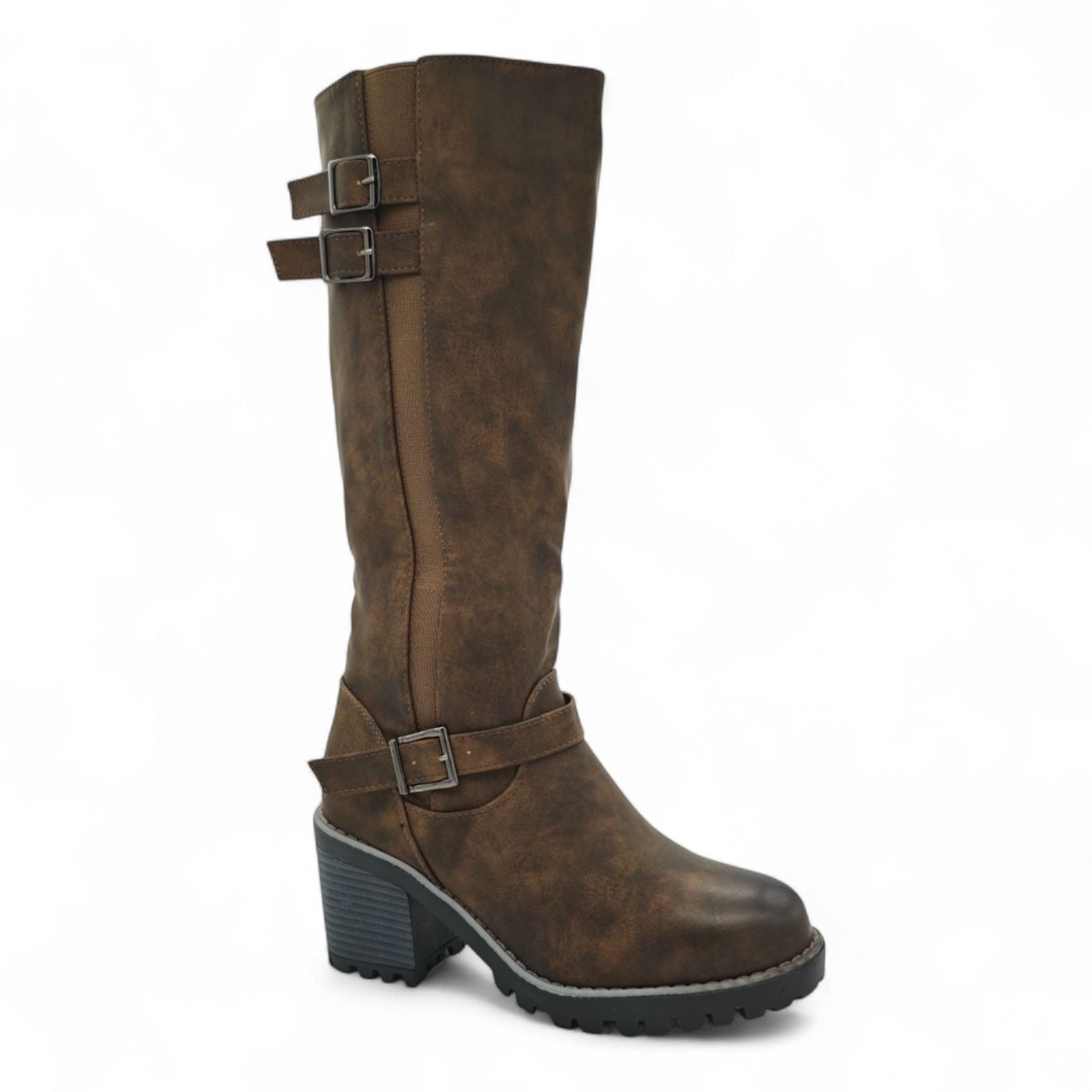 Women Knee-High Block Heel Boots with Buckle
