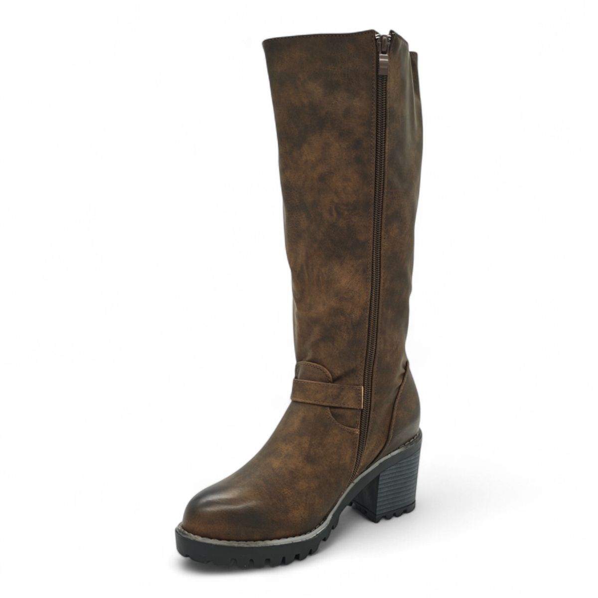 Women Knee-High Block Heel Boots with Buckle