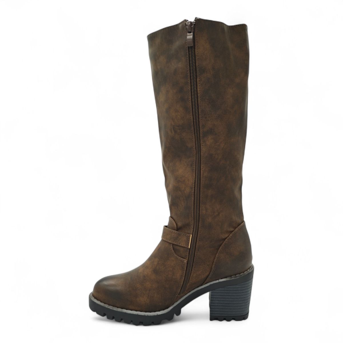 Women Knee-High Block Heel Boots with Buckle