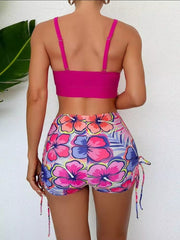 Floral High Waist Swim Shorts Bikini Set