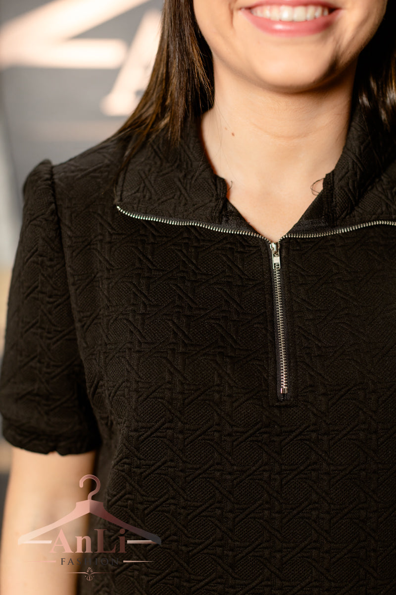 Black Textured Zipped Collar Shift Polo T Shirt Dress