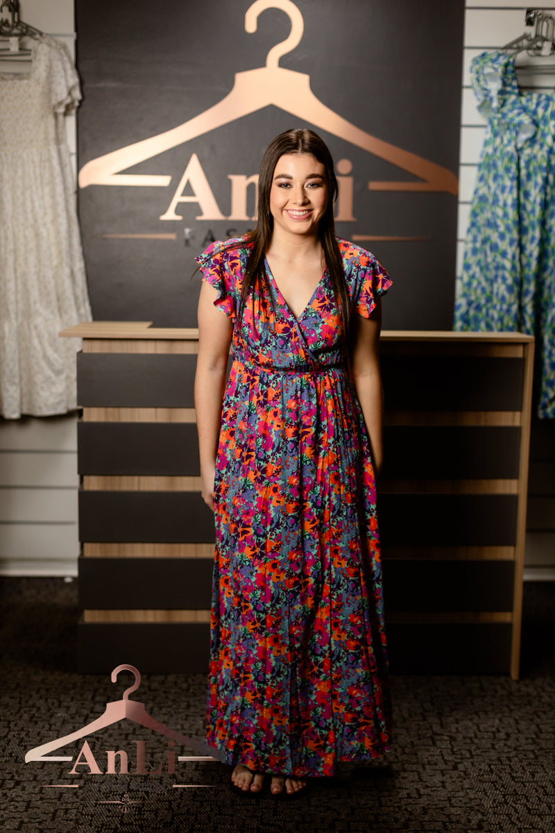 Blue Floral Print V Neck Wrap Split Maxi Dress