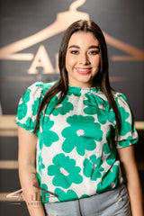 Green Floral Puff Sleeve Frill Neckline Blouse