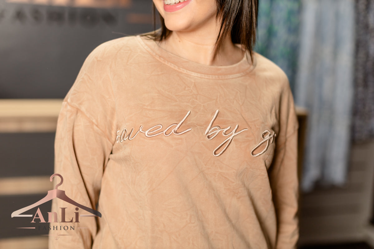 DUNE saved by grace Letter Embroidery Mineral Wash Loose Sweatshirt