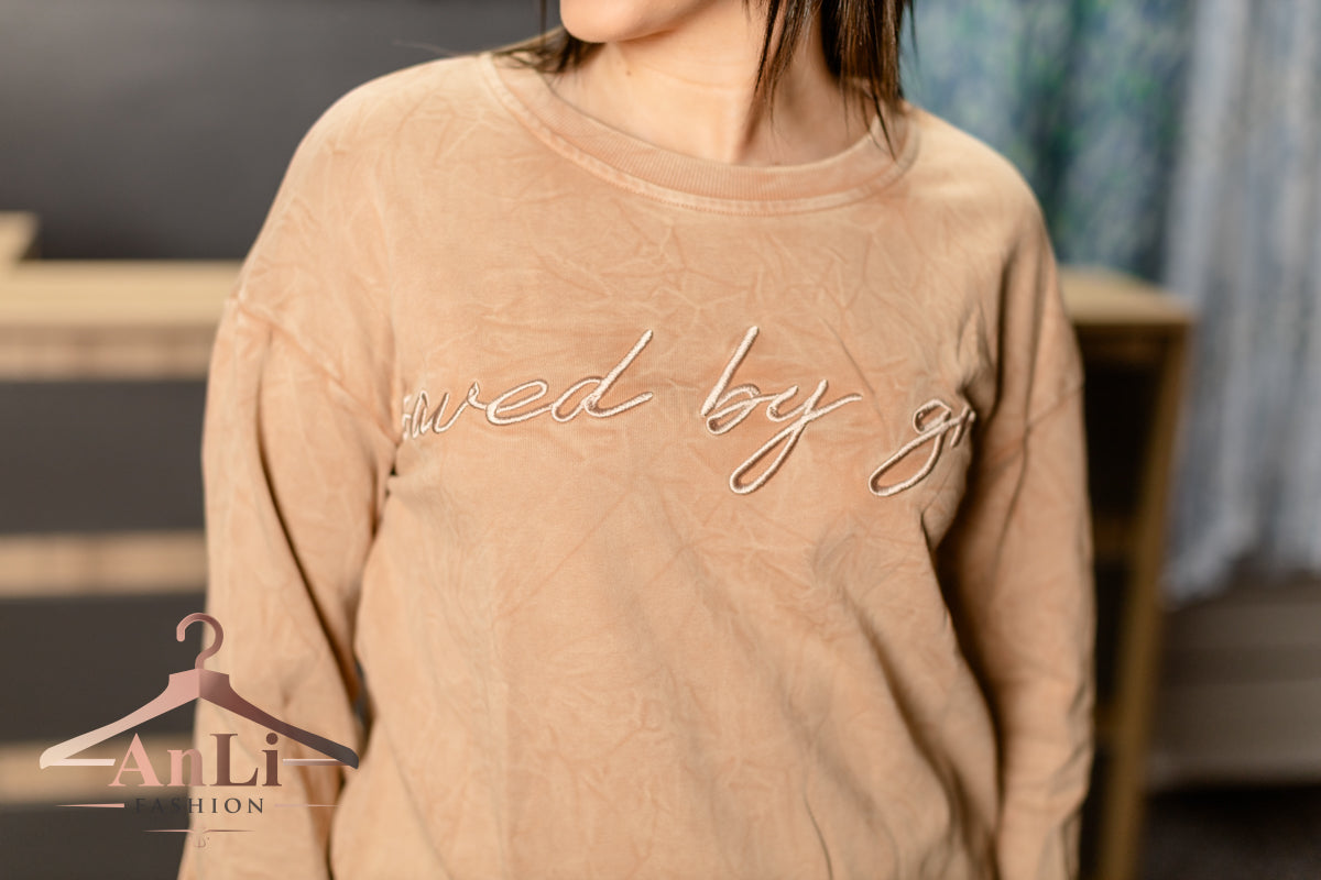 DUNE saved by grace Letter Embroidery Mineral Wash Loose Sweatshirt