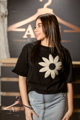 Black Contrast Crochet Floral Graphic Drop Shoulder Loose Tee