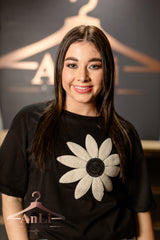 Black Contrast Crochet Floral Graphic Drop Shoulder Loose Tee